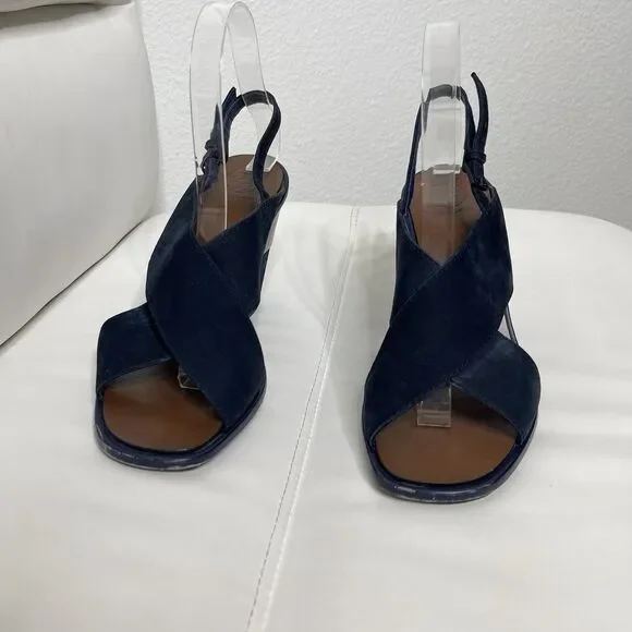Tory Burch Slingback Wedge Sandals 7.5 Blue Suede Gabrielle Quiet Luxury Shoes - Picture 4 of 16